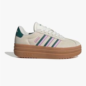 adidas Cream Sneakers with Pink and Green Stripes and Gum Platform Sole